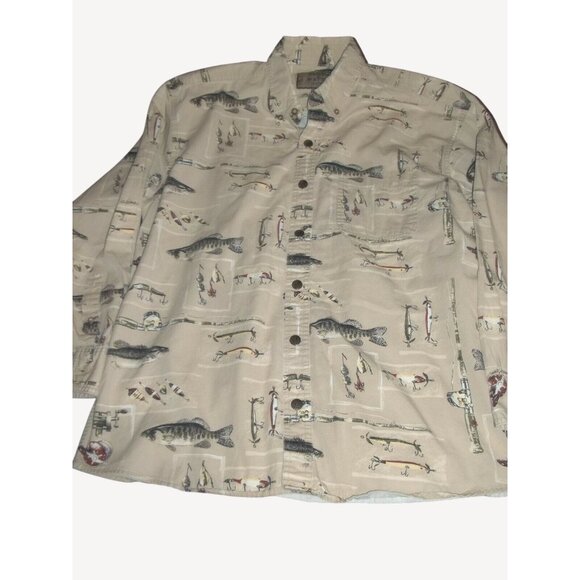Woods & Water Men's Long Sleeve Button Up Beige Fish Fishing Bass Size Medium - Picture 1 of 8